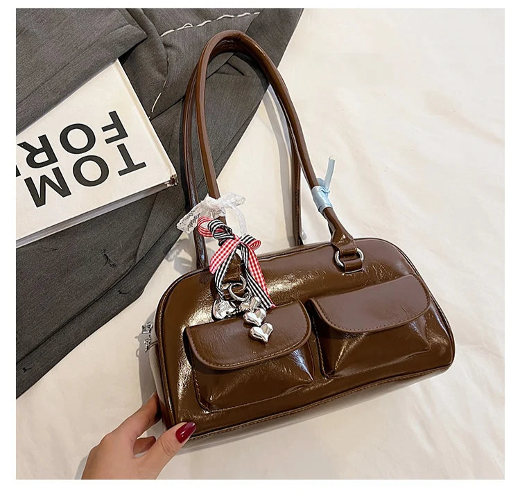 2025 Retro Leather Boston Bag – Women’s Shoulder Tote with Front Pockets