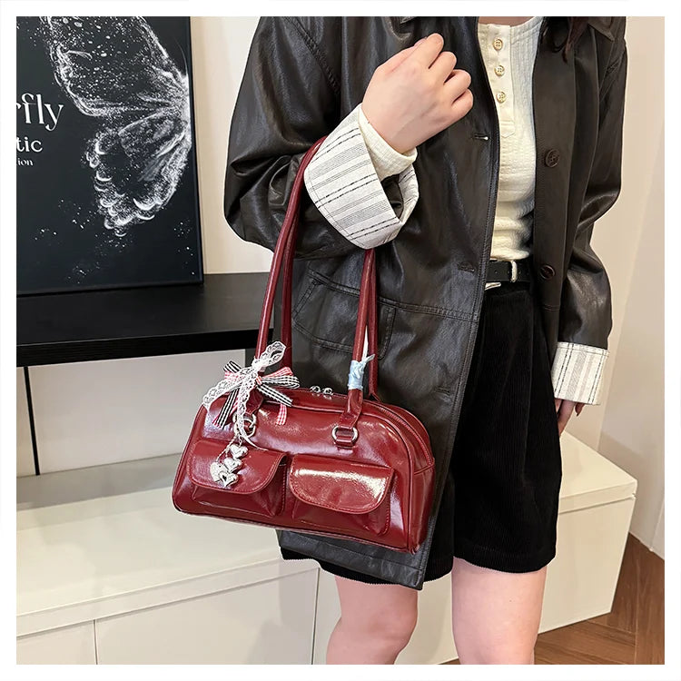 2025 Retro Leather Boston Bag – Women’s Shoulder Tote with Front Pockets