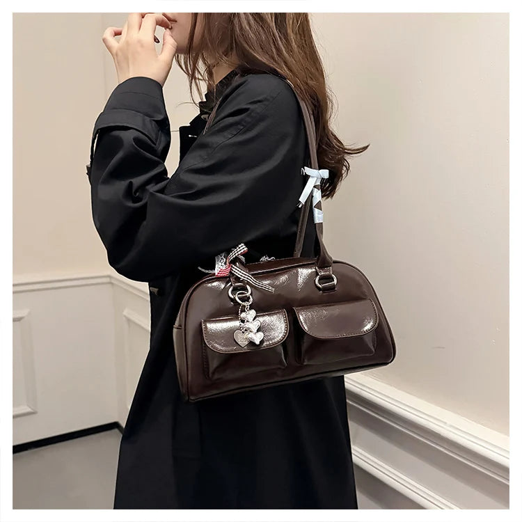2025 Retro Leather Boston Bag – Women’s Shoulder Tote with Front Pockets