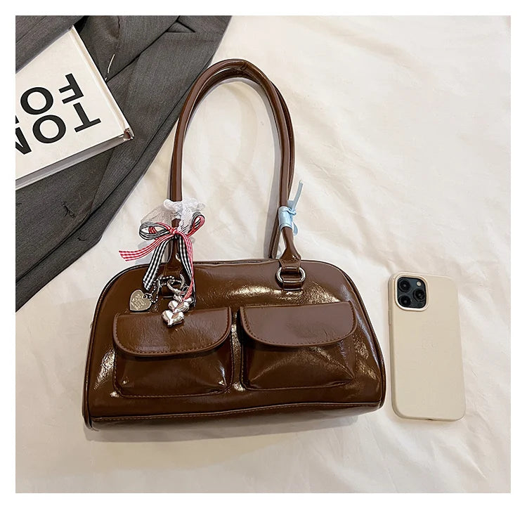 2025 Retro Leather Boston Bag – Women’s Shoulder Tote with Front Pockets