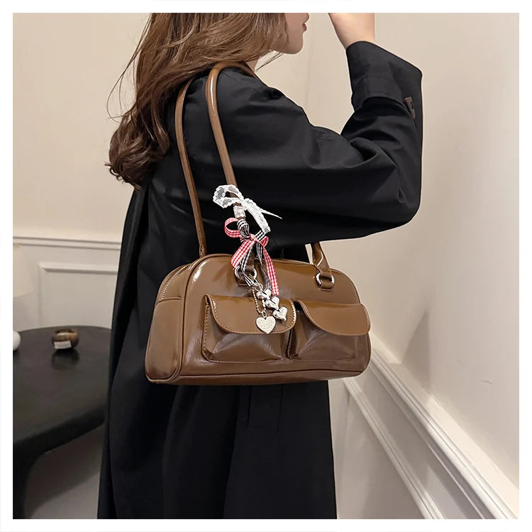 2025 Retro Leather Boston Bag – Women’s Shoulder Tote with Front Pockets