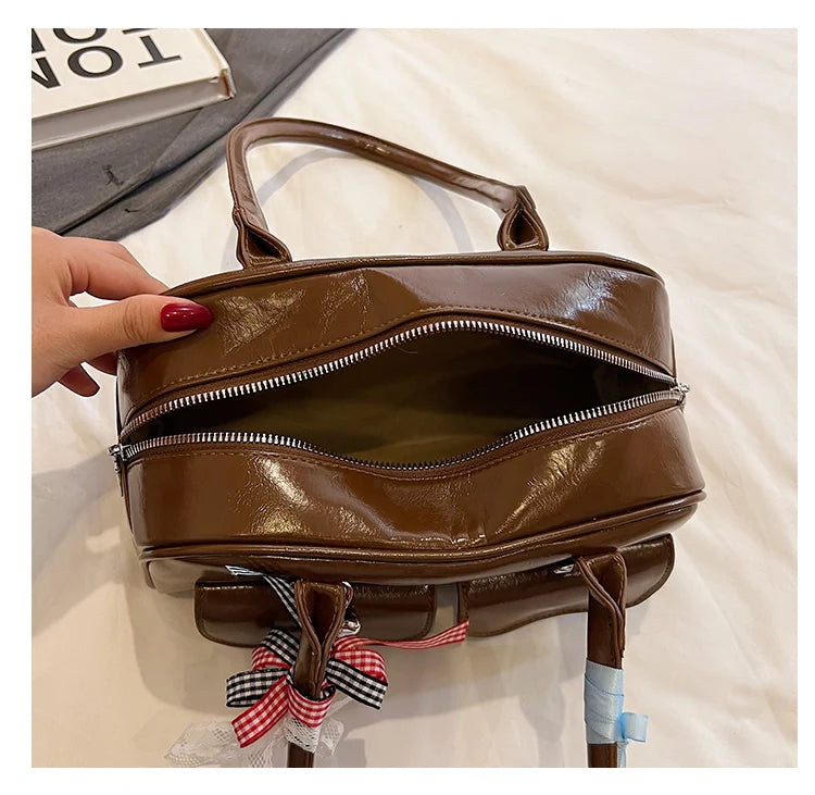 2025 Retro Leather Boston Bag – Women’s Shoulder Tote with Front Pockets