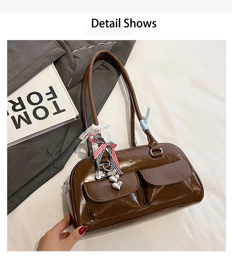 2025 Retro Leather Boston Bag – Women’s Shoulder Tote with Front Pockets