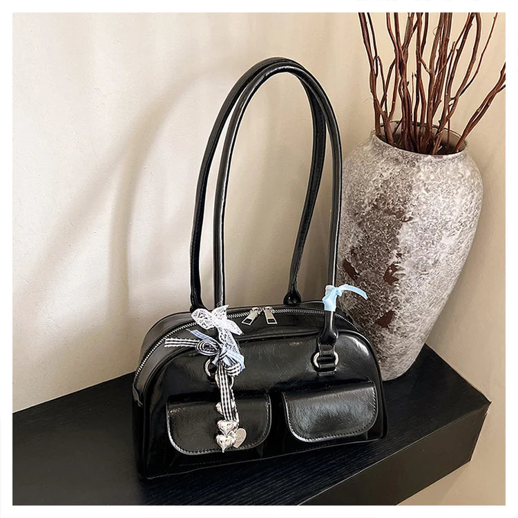 2025 Retro Leather Boston Bag – Women’s Shoulder Tote with Front Pockets