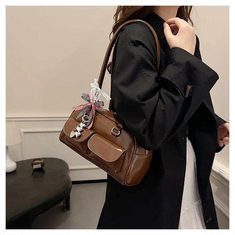 2025 Retro Leather Boston Bag – Women’s Shoulder Tote with Front Pockets