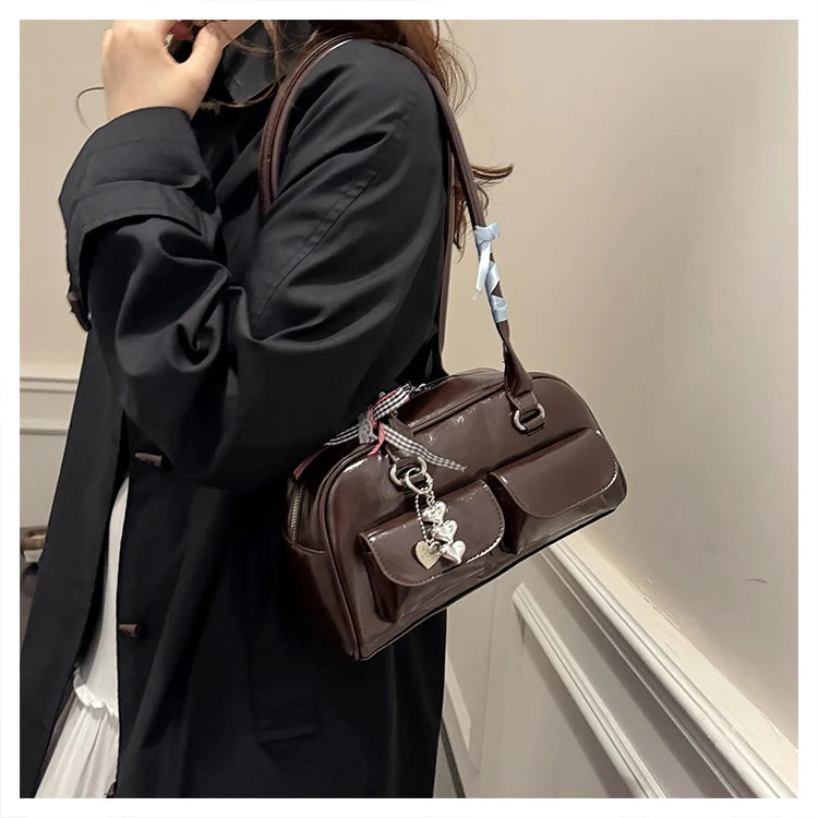2025 Retro Leather Boston Bag – Women’s Shoulder Tote with Front Pockets