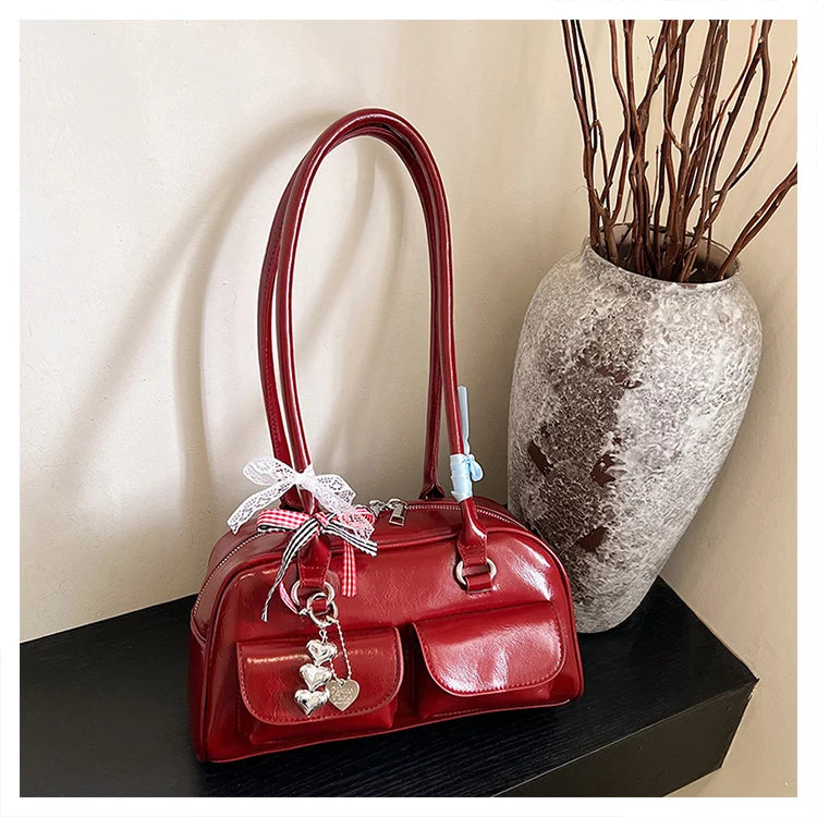 2025 Retro Leather Boston Bag – Women’s Shoulder Tote with Front Pockets