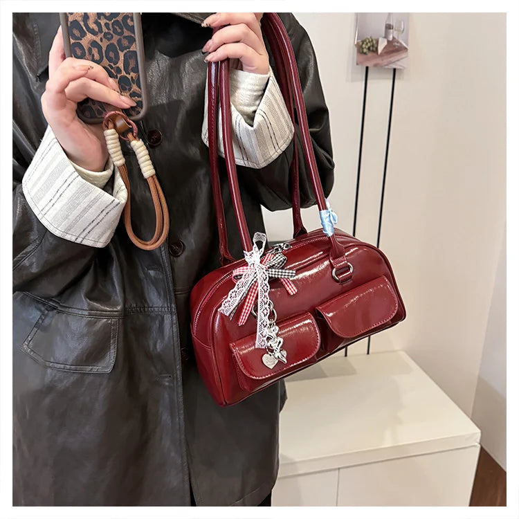 2025 Retro Leather Boston Bag – Women’s Shoulder Tote with Front Pockets