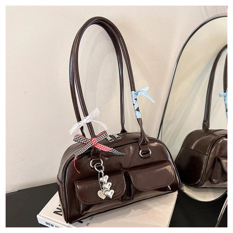 2025 Retro Leather Boston Bag – Women’s Shoulder Tote with Front Pockets