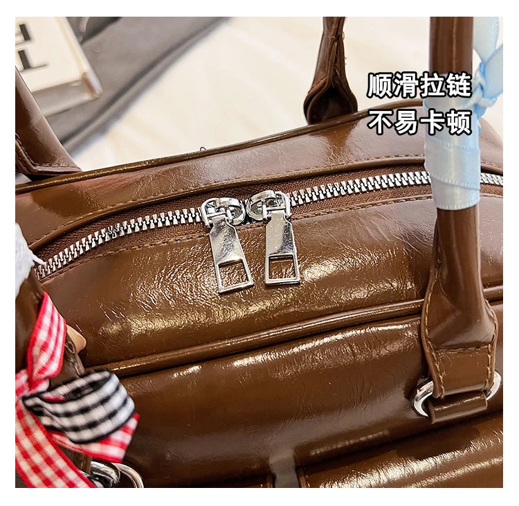 2025 Retro Leather Boston Bag – Women’s Shoulder Tote with Front Pockets