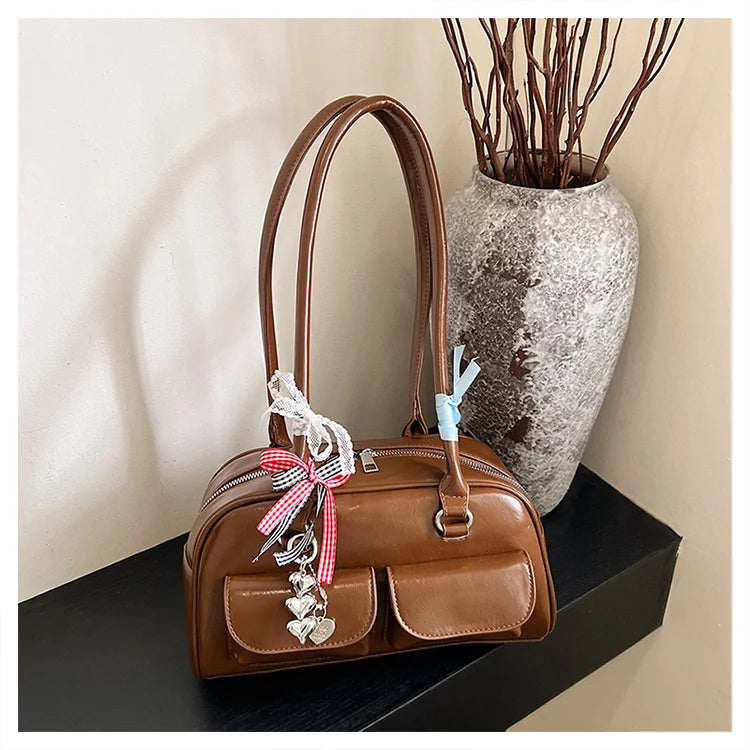 2025 Retro Leather Boston Bag – Women’s Shoulder Tote with Front Pockets