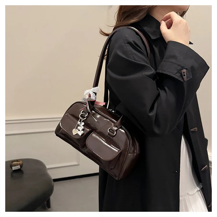 2025 Retro Leather Boston Bag – Women’s Shoulder Tote with Front Pockets