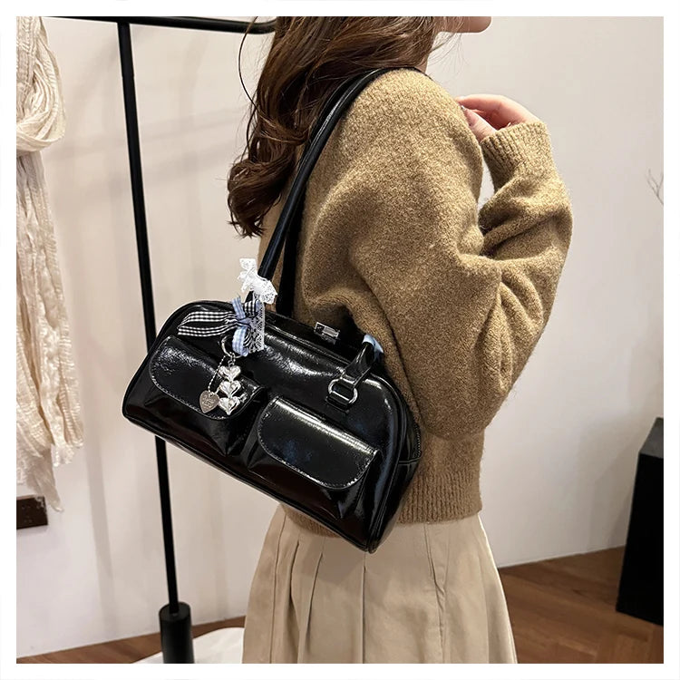 2025 Retro Leather Boston Bag – Women’s Shoulder Tote with Front Pockets