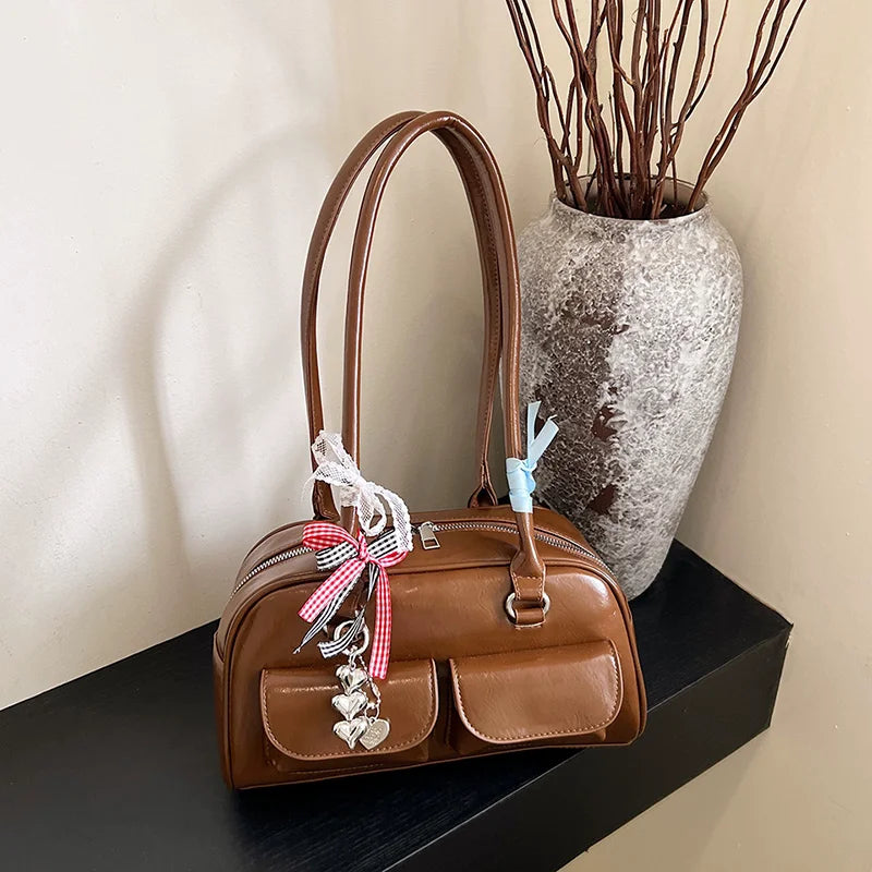 2025 Retro Leather Boston Bag – Women’s Shoulder Tote with Front Pockets