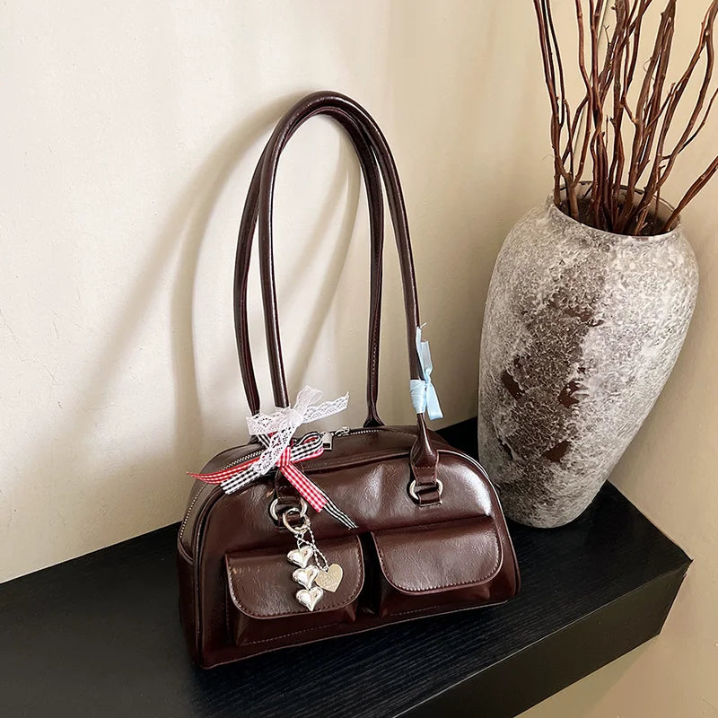 2025 Retro Leather Boston Bag – Women’s Shoulder Tote with Front Pockets