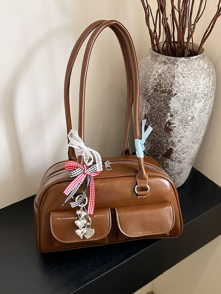 2025 Retro Leather Boston Bag – Women’s Shoulder Tote with Front Pockets
