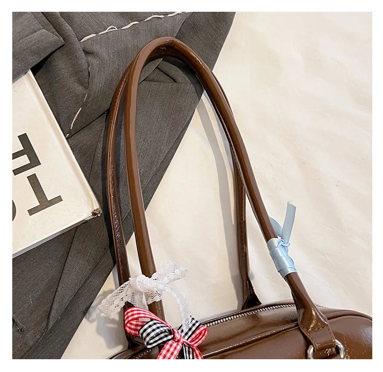 2025 Retro Leather Boston Bag – Women’s Shoulder Tote with Front Pockets