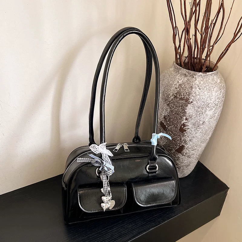 2025 Retro Leather Boston Bag – Women’s Shoulder Tote with Front Pockets