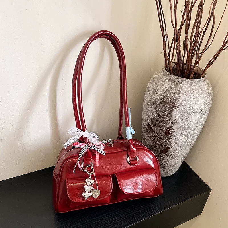 2025 Retro Leather Boston Bag – Women’s Shoulder Tote with Front Pockets