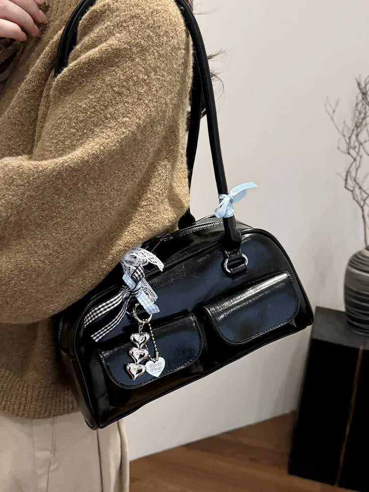 2025 Retro Leather Boston Bag – Women’s Shoulder Tote with Front Pockets
